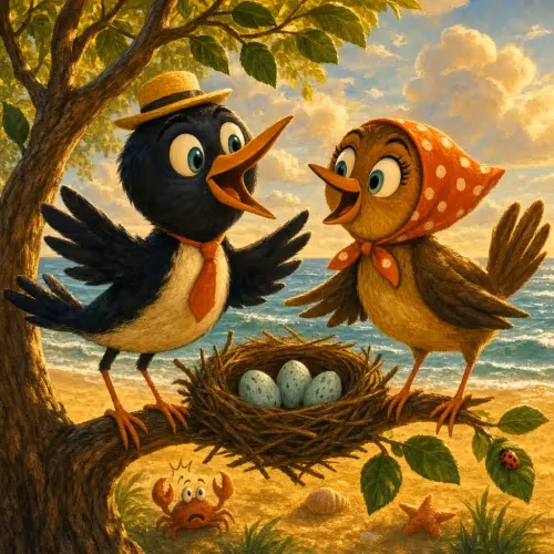 A pair of birds working together to scoop water away from the sea holding their eggs