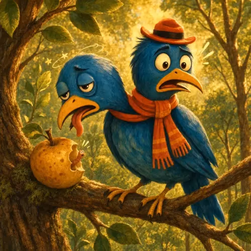 A two-headed bird pecking at a poisonous fruit while its heads argue