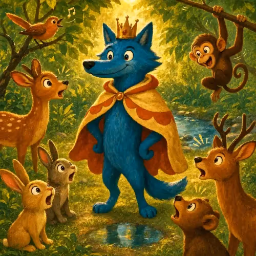 A jackal dyed bright blue standing proudly before a crowd of bowing forest animals