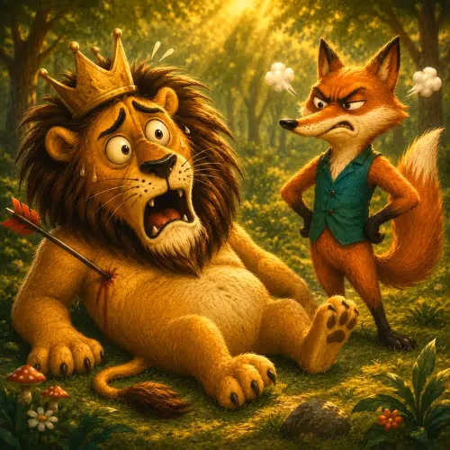 A lion standing bravely between a group of forest animals and an approaching bowman