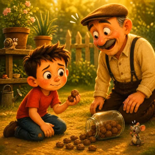 A boy with his hand stuck in a jar, gripping too many filberts