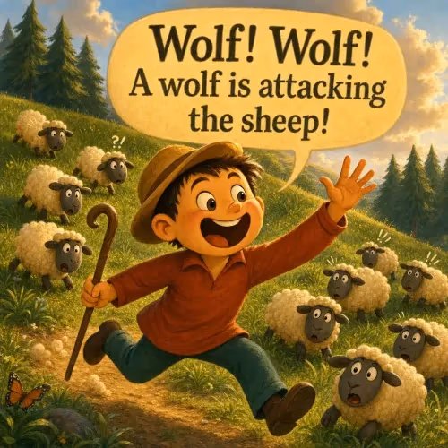 A shepherd boy shouting for help while villagers rush toward an empty field