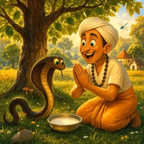 A Brahmin pouring milk beside a coiled cobra at the edge of a field