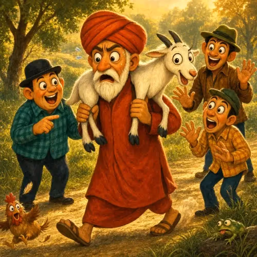 A Brahmin walking away from three crooks who convinced him his goat was a dog
