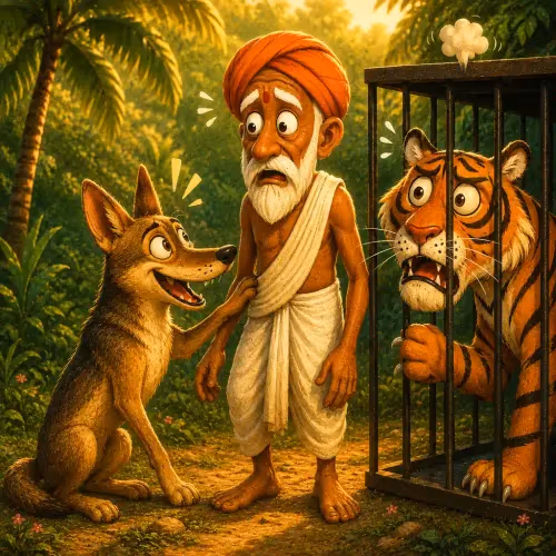 A jackal cleverly tricking a tiger back into the trap he escaped from