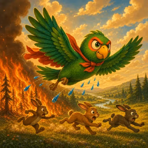 A small parrot dropping water droplets onto a raging forest fire