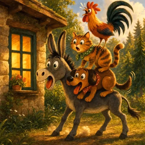 Four aging farm animals stacked atop one another, braying and howling to scare off robbers