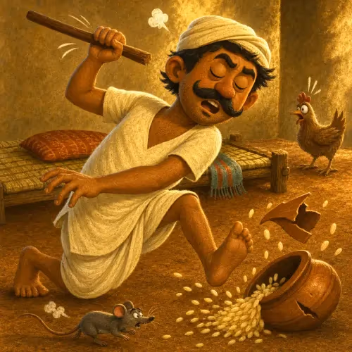 A poor man daydreaming beside a pot of rice balanced precariously on a shelf