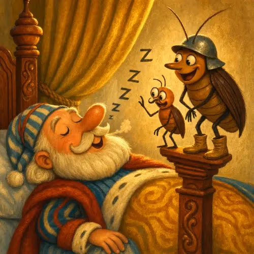 A small bug creeping toward a sleeping king beside a resting flea