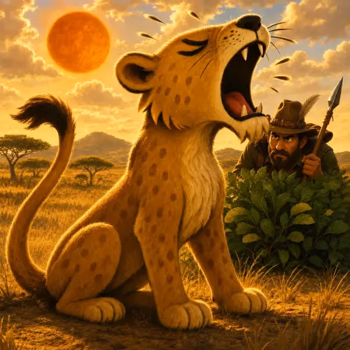 A grieving lioness confronting a bull beside her injured cub