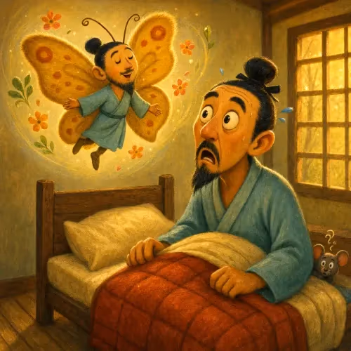 A sleeping man dreaming of himself fluttering as a colorful butterfly