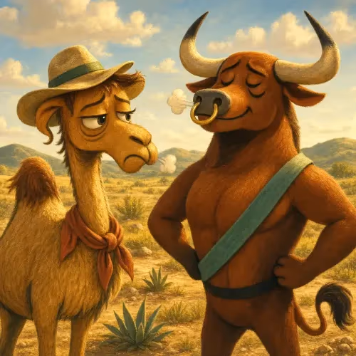 A camel pleading with Jupiter in the clouds, arms raised in complaint