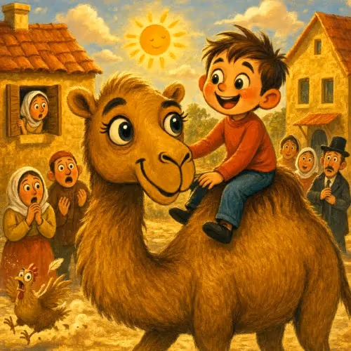 A brave man petting a camel while a crowd of townspeople watch, no longer afraid