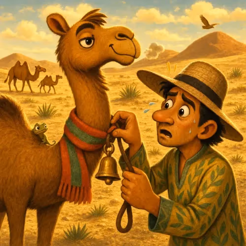 A proud camel wearing a bell strutting past a humble cart-maker's stall