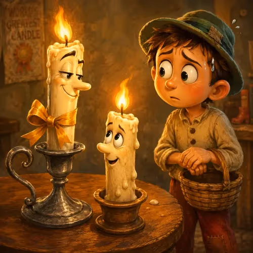 A tall wax candle and a short tallow candle glowing side by side