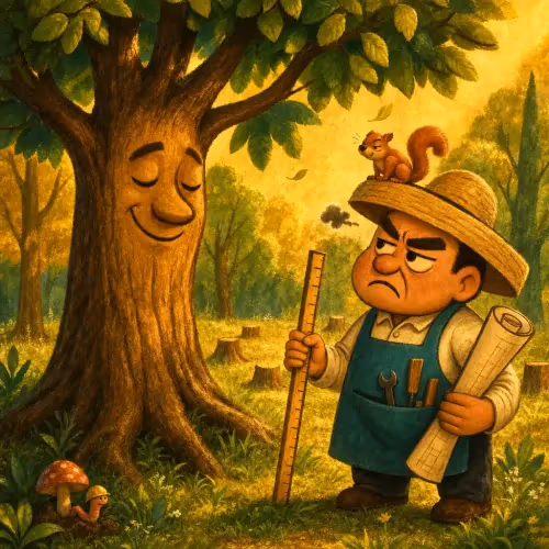 A carpenter resting his axe beside a massive, gnarled old oak tree