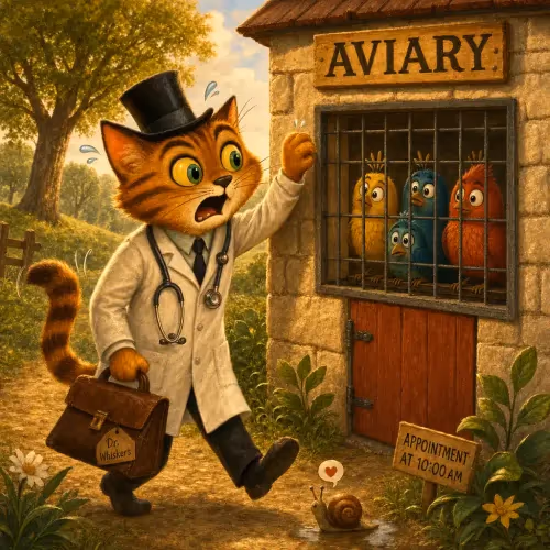 A cat disguised in a doctor's coat and glasses standing outside a wary aviary