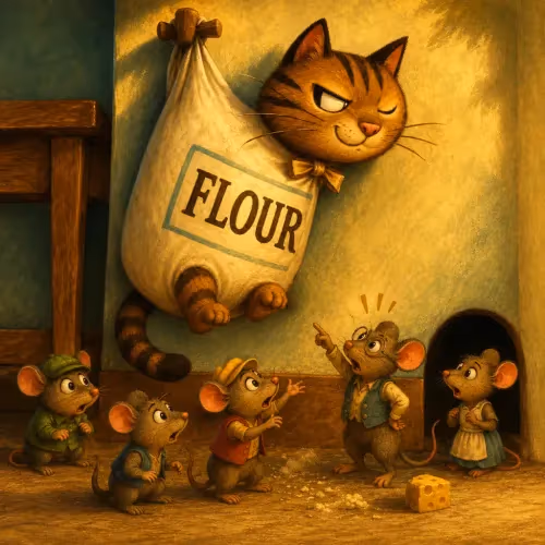 A group of clever mice ignoring a cat's trick, watching from a safe distance