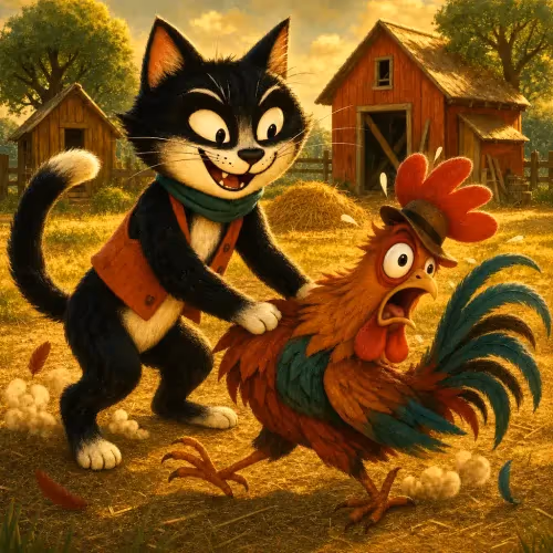 A sly cat licking its lips while a rooster explains why he crows each morning