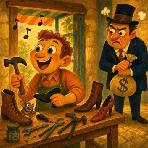 A cobbler staring anxiously at a bag of coins instead of singing at his work