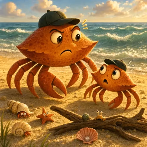 A mother crab scuttling sideways while lecturing her little crab to walk straight