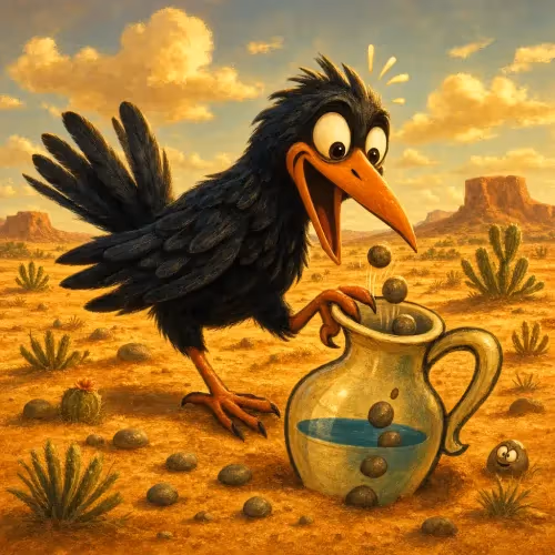 A thirsty crow dropping pebbles into a tall pitcher to raise the water level