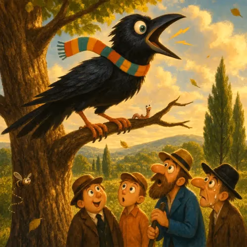 A crow cawing loudly at passing travelers while a raven perches quietly nearby
