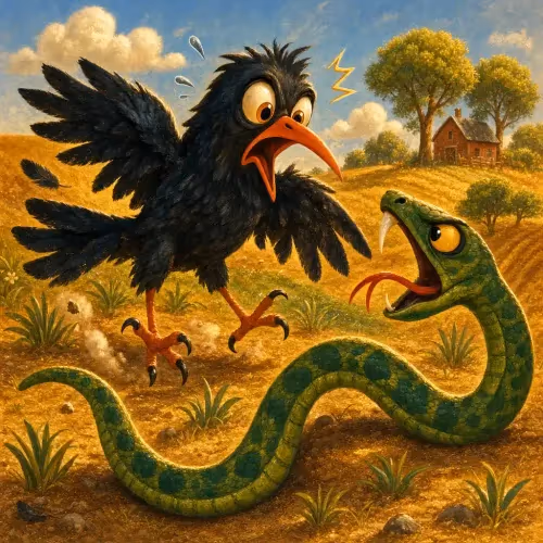 A crow pouncing on a basking snake, moments before being bitten