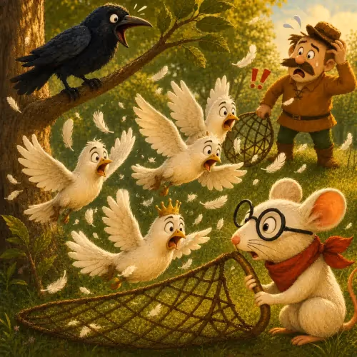 A mouse gnawing through a net to free a flock of trapped doves beside a crow