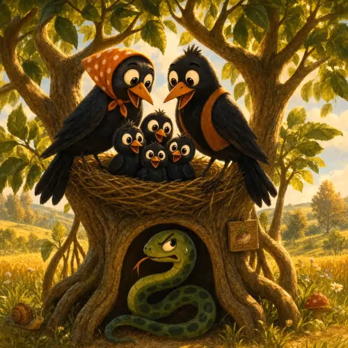 Crows dropping a golden bracelet to lure guards toward a serpent threatening their nest