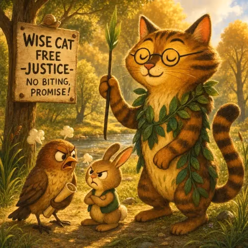 A wise cat looming over a bird and rabbit brought to settle their dispute