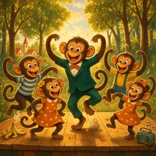 A troupe of monkeys dancing on stage until scattered nuts break their performance