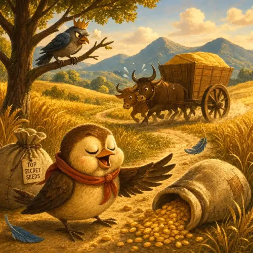 A bird secretly eating alone while hiding food from the rest of its flock
