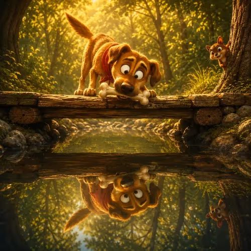 A dog with a bone in its mouth staring at its reflection in the water