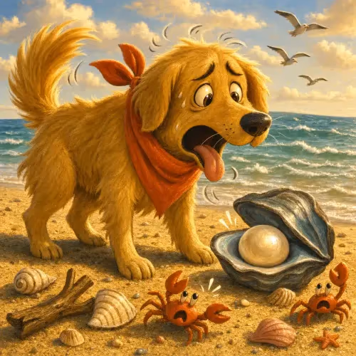 A dog wincing after swallowing an oyster shell mistaken for an egg on the beach
