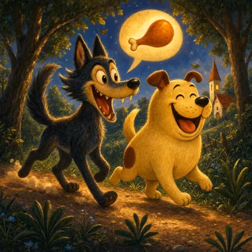 A hungry wolf eyeing a well-fed dog's collar with curiosity and longing