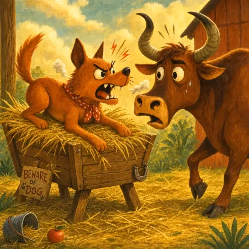 A dog growling at an ox from atop a pile of hay it won't eat
