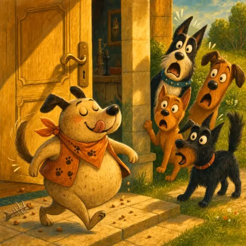 A hungry dog wandering into an unfamiliar town, wary of the dangers ahead