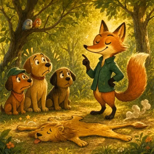 Dogs proudly wearing a lion's skin while a fox warns them from the treeline