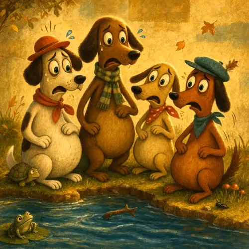 Dogs with swollen bellies floating in a river, still unable to reach the hides