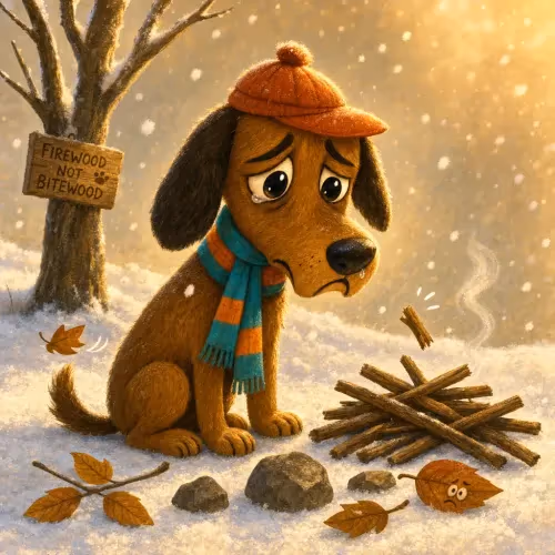 A dog shivering in the cold, regretting not building a house during summer