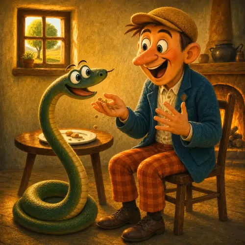A snake coiled gently in a poor man's hands despite a healing injury