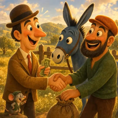 A man leading a donkey back after watching it lounge lazily with another donkey