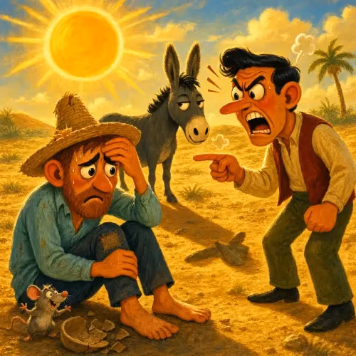 Two men arguing over a donkey's shadow while the donkey stands forgotten between them