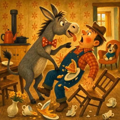 A donkey clumsily jumping onto its owner's lap, imitating a small lapdog