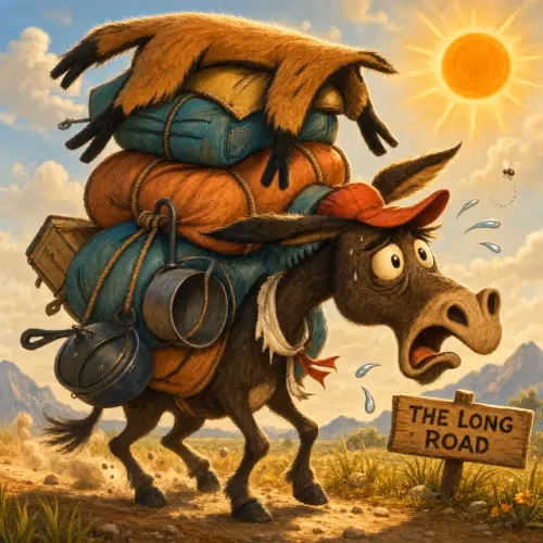 An overloaded donkey struggling under heavy bags while a mule walks by unburdened