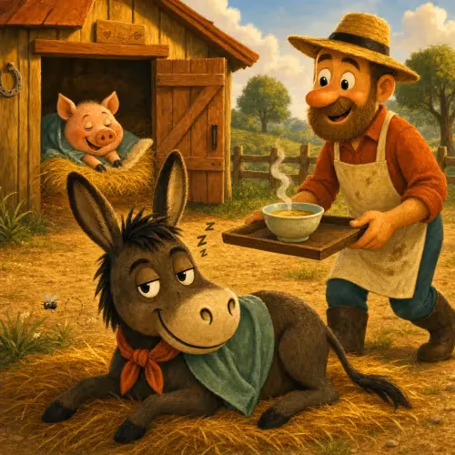 A donkey lying down pretending to be sick, watching a pig led away by its owner