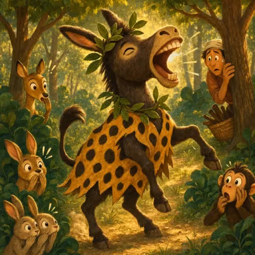 A washerman leading a donkey disguised in a spotted leopard skin through the market