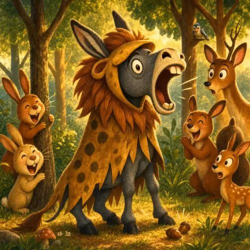 A donkey draped in a lion's skin, braying and scaring off startled animals