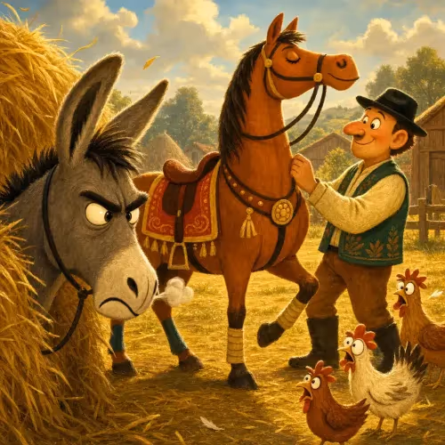 A tired donkey watching a finely decorated horse trot proudly past him